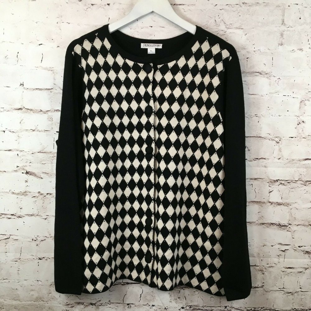 Pendleton Merino Wool Black White Argyle Sweater